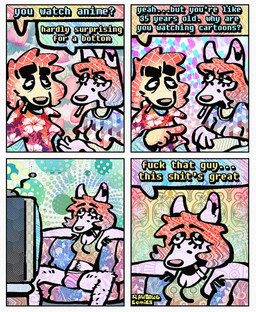 4_panel_comic aloha_shirt anthro armpit_hair body_hair breasts bulge cigarette cigarette_in_mouth cleavage clothed clothing dialogue disheveled duo floppy_ears gynomorph hair half-closed_eyes happy_trail humor intersex leg_hair male markings mole_(marking) narrowed_eyes object_in_mouth orange_hair panties pattern_clothing pattern_shirt pattern_topwear profanity shirt smoking_tobacco speech_bubble tank_top text topwear underwear rawdawgcomics babs_(rawdawgcomics) stahli_(rawdawgcomics) bird_dog canid canine canis domestic_dog golden_retriever hunting_dog mammal retriever comic english_text hi_res