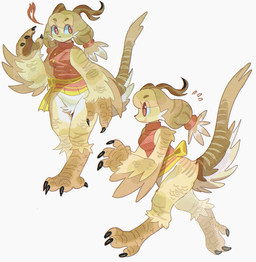 4_claws 4_toes ambiguous_gender anthro antlers bare_shoulders big_eyes big_hands black_claws bottomless brown_antlers brown_tail cheek_tuft circle_eyebrows claws clothed clothing countershade_legs countershade_tail countershading crotch_tuft dress emanata eyebrows facial_tuft feathered_arms feathered_tail feathers feet finger_claws fluffy fluffy_tail fur hair horn long_hair markings open_mouth open_smile pupils red_clothing red_dress red_eyes red_pupils scales short_dress side_view simple_background sleeveless_dress small_snout smile solo standing striped_hair striped_markings striped_tail stripes sweater tail tail_markings talon_hands talons tan_body tan_feathers tan_hair tan_scales tapering_snout three-quarter_view tied_hair toe_claws toes topwear tuft turtleneck waist_ribbon walking white_background white_body white_fur yellow_ribbon wolfertinger chicken_(wolfertinger) chimera 2024 digital_media_(artwork) full-length_portrait hi_res portrait shaded soft_shading female_(lore)