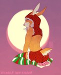 butt christmas_clothing clothing ear_piercing feet fur hair holidays hoodie kneeling leggings legwear long_hair male orange_body orange_fur pawpads piercing purple_eyes solo topwear kaysa christmas patreon subscribestar gergalergg hare lagomorph leporid mammal rabbit absurd_res hi_res