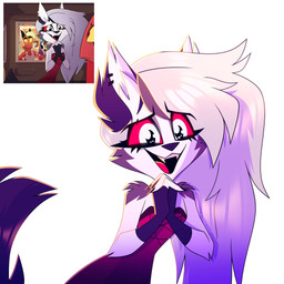 anthro asking begging clasped_hands clothing cute_fangs dress fangs female scene_interpretation smile solo teeth cosmicbrownee hellaverse helluva_boss mythology loona_(helluva_boss) canid canid_demon canine canis demon hellhound mammal mythological_canine mythological_creature wolf 1:1 hi_res