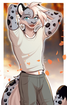anthro biped bottomwear clothed clothed_anthro clothed_male clothing front_view fully_clothed fully_clothed_anthro fully_clothed_male fur hair looking_at_viewer male smile solo spots standing tail teeth tongue topwear fuvi felid feline mammal 2026 absurd_res digital_drawing_(artwork) digital_media_(artwork) hi_res