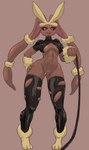 anthro big_breasts black_sclera breasts brown_body brown_fur clothing female first_person_view fur happy latex latex_clothing latex_skinsuit leash leashed_pov red_eyes skinsuit solo tight_clothing under_boob nowu nintendo pokemon generation_4_pokemon generation_6_pokemon lagomorph leporid mammal mega_evolution mega_lopunny pokemon_(species) hi_res