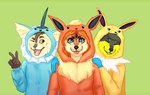 anthro black_body black_fur black_hair black_nose blep blue_eyes blue_onesie cheek_tuft clothed clothing eyes_closed facial_tuft female fur green_background group hair happy male onesie open_mouth open_smile orange_body orange_eyes orange_fur orange_hair orange_onesie pupils red_tongue simple_background slit_pupils smile tan_body tan_fur tongue tongue_out trio tuft white_body white_fur yellow_onesie roobin canid mammal