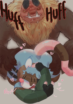 all_fours anal anal_penetration anthro bodily_fluids butt butt_grab duo from_behind_position hand_on_butt heart_symbol kneeling male male/male obscured_penetration penetration sex size_difference smaller_penetrated sweat tail text visor heckded capcom monster_hunter bleu_(imfeelingbleu) doshaguma mammal murid murine primatius rat rodent 2025 english_text hi_res