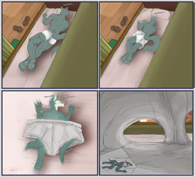 anthro barefoot bed bedroom briefs clothing eyes_closed feet furniture male micro on_bed shrinking shrinking_out_of_clothes shrunk size_transformation sleeping solo sound_effects tighty_whities transformation unaware_transformation underwear vowelless vowelless_sound_effect white_briefs white_clothing white_underwear zzz ireonixhellcat beastars legoshi_(beastars) canid canine canis mammal wolf comic hi_res