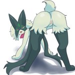 all_fours anthro butt female genitals green_hair hair pose pussy solo blarkel nintendo pokemon felid feline generation_9_pokemon mammal meowscarada pokemon_(species) 1:1 absurd_res hi_res pinup