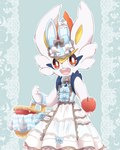 3_fingers anthro apple basket blue_clothing blue_dress bow_(feature) bow_tie buckteeth clothing container dress fake_ears fake_rabbit_ears female fingers food fruit fur hat headgear headwear looking_at_viewer multicolored_clothing multicolored_dress offering_food open_mouth plant red_eyes smile solo teeth white_body white_clothing white_dress white_fur 4rurui nintendo pokemon cinderace generation_8_pokemon pokemon_(species) 4:5 hi_res