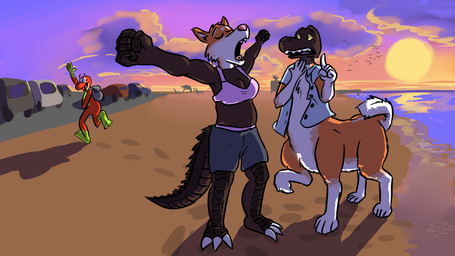 3_toes 4_fingers 4_legs 4_toes 5_fingers anthro arm_tuft barefoot beach belly bikini bikini_thong biped black_eyes bottomless bottomless_male bottomless_taur bottomwear breasts brown_body brown_scales butt car cheek_tuft chest_tuft claws clothed clothing cloud cloudy_sky collared_shirt countershade_feet countershade_torso countershading curled_tail curling_tail detachable detachable_head distance ear_tuft elbow_tuft eyes_closed facial_tuft fangs featureless_butt feet female finger_claws fingers fist floating_eyebrows fluffy fluffy_tail footprint footsteps fur gesture glance glancing_back gloves_(marking) gradient_sky green_body green_scales group hand_gesture hand_on_chest hand_on_neck hand_on_own_chest hand_on_own_neck humanoid_feet humanoid_hands humanoid_heel leg_markings looking_aside looking_at_another looking_back looking_back_at_another male markings medium_truck modular monobutt multicolored_body multicolored_fur multicolored_scales nervous nude nude_anthro nude_male open_mouth orange_body orange_fur orange_sky outside parking_lot pattern_clothing pattern_shirt pattern_topwear pawprint paws pink_bikini pink_bikini_bottom pink_bikini_top pink_clothing pink_swimwear plantigrade polo_shirt purple_sky quadruped raised_arms raised_finger raised_index_finger realistic rear_view red_body red_scales road running sand scales sea shadow sharp_teeth shirt shorts skimpy sky smile smiling_at_another socks_(marking) soles spikes spikes_(anatomy) standing stretching stretching_arms striped_clothing striped_shirt striped_topwear stripes sun sunset swimwear tail tan_body tan_scales teeth thick_tail three-quarter_view toe_claws toes toony topwear trail trio truck tuft two-piece_swimsuit two_tone_body two_tone_fur two_tone_scales two_tone_tail van vehicle ventral_scales water waving waving_goodbye waving_hand white_belly white_body white_fur white_hands white_sclera white_toe_claws worried worried_face worried_look yawn yawning_position yellow_belly yellow_body yellow_scales yellow_sclera hexadoodle microsoft the_elder_scrolls hex_(hexadoodle) knaxia_(knaxia) pamiiruq amphibian argonian canid canid_taur canine canine_taur canis dog_taur domestic_dog frog husky husky_taur mammal mammal_taur nordic_sled_dog scalie spitz taur 16:9 2021 colored digital_drawing_(artwork) digital_media_(artwork) hi_res shaded warm_colors widescreen