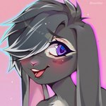 anthro blush eyebrows eyelashes female floppy_ears fur grey_body grey_fur grey_hair hair hair_over_eye lop_ears one_eye_obstructed open_mouth pink_inner_ear pink_nose pink_tongue purple_eyes solo text tongue iivochka lagomorph leporid mammal rabbit 1:1 2022 artist_name digital_media_(artwork) headshot_portrait hi_res icon portrait shaded