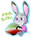 ambiguous_gender anthro bowl clothed clothing container dessert dipstick_ears ear_markings food fur grey_body grey_fur holding_food holding_object multicolored_ears pink_nose shaved_ice shirt simple_background smile solo t-shirt text topwear white_background marema_kishin disney zootopia judy_hopps lagomorph leporid mammal rabbit 1:1 2018 digital_media_(artwork) hi_res japanese_text