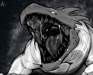 ambiguous_gender bared_teeth bodily_fluids feral glowing glowing_eyes imminent_vore looking_at_viewer mouth_shot open_mouth saliva saliva_on_face solo teeth tongue white_body azurian rain_world videocult lizard_(rain_world) white_lizard_(rain_world) absurd_res hi_res monochrome
