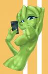 breasts electronics female glistening holding_object holding_phone looking_at_viewer nipples not_furry nude phone selfie simple_background slime solo sucking nana_gel midori_gel goo_creature humanoid absurd_res hi_res