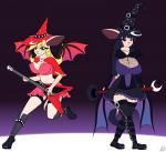 bat_wings belt big_breasts big_ears black_hair black_ribbon blonde_hair blue_hair boots bottomwear bouncing_breasts breasts cleavage clothed clothing collar crescent_moon duo electric_guitar electronics female fishnet_clothing fishnet_topwear footwear green_eyes guitar hair hat headgear headwear holding_musical_instrument holding_object huge_breasts knee_boots knee_highs legwear long_hair magic_user mantle membrane_(anatomy) membranous_wings microphone miniskirt moon musical_instrument nipple_outline playing_guitar playing_music plucked_string_instrument purple_eyes purple_wings red_wings ribbons shoes simple_background skirt small_wings spiked_collar spikes star string_instrument thigh_boots thigh_highs topwear translucent translucent_clothing wings witch witch_hat fibs elae_meltaea flying_v charlotte_(elae_meltaea) rosette_(elae_meltaea) avian bat bird humanoid lagomorph leporid mammal owl rabbit 2016 hi_res sibling_(lore) sister_(lore) sisters_(lore)