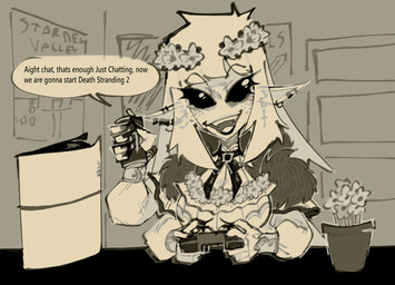 4_arms 5_fingers breasts can clothing container controller cross dialogue door dress ear_piercing ear_ring empty_eyes eyebrow_through_hair eyebrows eyelashes female fingernails fingers flower flower_crown freckled_face freckles game_controller hair happy holding_can holding_container holding_controller holding_game_controller holding_object humanoid_pointy_ears inverted_cross inverted_cross_ear_piercing inverted_cross_piercing lips livestream multi_arm multi_limb nails not_furry open_mouth open_smile piercing plant plant_pot playstation_console playstation_controller pointy_ears poster potted_plant ring_piercing smile solo speech_bubble teeth text tongue translucent translucent_hair 4chan_anon monster_energy playstation playstation_5 sony_corporation sony_interactive_entertainment stardew_valley humanoid 2025 digital_media_(artwork) english_text greyscale half-length_portrait hi_res monochrome portrait