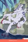 3_toes 5_fingers anthro big_toes claws dog_tags ear_piercing eyelashes featureless_crotch feet fingers fur leaf lying male markings nude patreon_logo patreon_username piercing purple_body purple_fur purple_markings rock scar smile solo text toes twig water waterfall yellow_eyes aledonrex bandai_namco digimon patreon digimon_(species) weregarurumon 2019 english_text signature