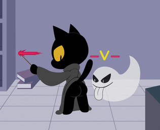 ambiguous_gender anthro butt cloak clothed clothing duo magic_user magic_wand no_underwear partially_clothed rear_view standing tail tongue tongue_out toony paradox-sin google google_doodle magic_cat_academy momo_(google) domestic_cat felid feline felis ghost mammal spirit 2016 female_(lore)