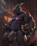 2018 5_fingers abs anthro barely_contained barely_contained_penis bars bedroom_eyes biceps big_muscles big_penis big_tail black_body black_penis black_skin black_tail chain claws clenched_teeth clothed clothing darkgem digital_media_(artwork) dragon erection fingers flaccid front_view gag genitals grey_claws grey_horn half-closed_eyes hi_res holding_object horn humanoid_genitalia humanoid_hands humanoid_penis jewelry jockstrap laced_jockstrap laced_underwear laces long_penis long_tail looking_at_viewer looking_down male mammal multicolored_body multicolored_skin multicolored_tail muscular muscular_anthro muscular_male mythological_creature mythological_scalie mythology narrowed_eyes necklace nude obliques orange_eyes partially_clothed pecs penis penis_base prison prison_cell purple_body purple_skin purple_tail quads raised_tail raventhan ring_gag scalie seductive serratus sharp_teeth simple_background smile snout solo spiked_tail spikes spikes_(anatomy) standing tail teeth thick_penis thick_tail thick_thighs topless topless_male triceps two_tone_body two_tone_skin underwear unusual_clothing