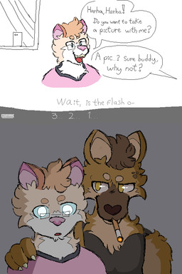 anthro black_clothing black_shirt black_topwear blinded bright_eyes brown_body brown_fur brown_hair cigarette cigarette_in_mouth clothed clothing dialogue electronics eyebrows eyewear fully_clothed fur glasses green_eyes hair looking_at_another looking_at_viewer male male_anthro object_in_mouth phone photo pink_clothing pink_nose pink_shirt pink_topwear shirt simple_background speech_bubble tan_body tan_eyebrows tan_fur teeth text topwear wearing_glasses white_background white_body white_fur window yellow_eyes kounvark harha_(kounvark) ronelio_(kounvark) domestic_cat felid feline felis hyena mammal 2:3 absurd_res comic digital_media_(artwork) english_text hi_res pixel_(artwork)