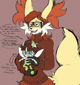 after_transformation ambiguous_gender antennae_(anatomy) bodily_fluids bottomless clothed clothing dialogue directional_arrow duo eyewear feral fur glasses green_body green_skin holding_another implied_transformation inner_ear_fluff male orange_body orange_fur partially_clothed pokemorph sharp_teeth simple_background size_difference speech_bubble sweat tan_body tan_fur tears teeth text threatening tuft white_body white_fur yellow_body yellow_fur devibobevi nintendo pokemon team_magma maxie_(pokemon) arthropod celebi delphox generation_2_pokemon generation_6_pokemon insect legendary_pokemon pokemon_(species) english_text hi_res