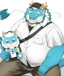 anthro belly blue_body clothing dress_shirt eyebrows facial_hair hat headgear headwear horn male mature_male messenger_bag overweight plushie shirt sitting solo tail thick_eyebrows topwear yellow_eyes ruoain lifewonders mythology tokyo_afterschool_summoners qinglong_(tas) dragon mythological_creature mythological_scalie scalie absurd_res hi_res