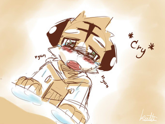 anthro blush bodily_fluids crying fangs floppy_ears front_view fur green_eyes head_tuft looking_at_viewer male open_mouth orange_body orange_fur simple_background solo tears teeth tuft white_body white_fur young young_anthro young_male kuttoyaki 4:3 colored_sketch signature sketch