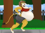 anthro belly big_belly breasts clothed clothing female hair jogging plant pregnant pregnant_anthro pregnant_female solo tree theimmortalwolf undyingwolf felicia_(theo_winters) cheetah felid feline mammal 4:3 absurd_res hi_res