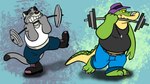 anthro barbell belly bottomwear clothing duo exercise eyes_closed grey_body hat headgear headwear male overweight overweight_male pants shirt topwear weightlifting workout hubie360 brok_the_investigator cowcat_games brok_(brok_the_investigator) graff_filsh alligator alligatorid crocodilian domestic_cat felid feline felis mammal reptile scalie 16:9 2023 absurd_res hi_res widescreen