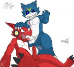 anthro anus balls blue_body claws duo erection genitals grin horn male male/male oral penis red_body sex sideways_oral smile heibanhikaru sveemon bandai_namco digimon alex_the_demon_veemon axl_shoutmon demon demon_dragon digimon_(species) scalie shoutmon veemon