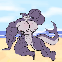abs anthro beach biceps big_legs big_muscles big_pecs calf_muscles deltoids facial_piercing featureless_crotch feet fin fin_piercing forearm_muscles furgonomic_piercing furgonomics grey_body grey_skin huge_muscles lip_piercing lip_ring male muscular muscular_arms muscular_male nose_piercing nose_ring nude nude_male one_eye_closed pecs piercing purple_body purple_skin quads reclining relaxing ring_piercing sea solo tail thick_tail trapezius triceps water wink alikease11 james_(halbschwulerhai) aquatic fish shark 1:1 absurd_res hi_res