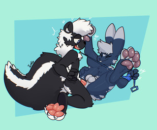 anal anal_penetration animal_genitalia anthro anthro_on_anthro anthro_penetrated anthro_penetrating anthro_penetrating_anthro balls black_body black_fur blue_body blue_fur cheek_tuft chest_tuft collar collar_only duo erection eyes_closed facial_tuft feet fluffy fluffy_tail from_front_position fully_sheathed fur genitals green_background grey_hair grey_markings hair half-closed_eyes heart_symbol humanoid_genitalia humanoid_penis kneeling leash leash_pull looking_pleasured lying male male/male male_penetrated male_penetrating male_penetrating_male markings missionary_position multicolored_body multicolored_fur narrowed_eyes nude on_back open_mouth open_smile pawpads paws penetration penis pink_pawpads power_bottom red_pawpads seductive sex sheath sheathed_while_penetrated simple_background smile smirk smug smug_face spread_legs spreading tail tuft two_tone_body two_tone_fur white_body white_fur white_hair xing1 lagomorph leporid mammal mephitid rabbit skunk absurd_res hi_res