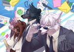 anthro anthrofied bow_tie clothing computer container cup electronics eyewear female glasses gradient_background group hair laptop long_hair male mug name_tag note office office_clothing paper paper_sheet pen simple_background 2nckw3i jujutsu_kaisen ailurid canid canine canis domestic_cat felid feline felis mammal red_panda wolf digital_media_(artwork) hi_res signature