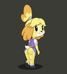 accessory animal_crossing anthro bell blush bottomwear butt canid canine canis clothed clothing clothing_lift domestic_dog female footwear hair_accessory hair_tie happy_harvey inconvenient_tail isabelle_(animal_crossing) looking_at_viewer looking_back mammal monotone_bottomwear monotone_clothing monotone_skirt nintendo no_underwear pencil_skirt phone_drawing raised_bottomwear raised_clothing raised_skirt shoes skirt skirt_lift solo tail_under_skirt upskirt
