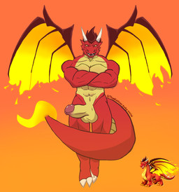 abs anthro barazoku circumcised city fire flying front_view genitals horn male nude penis solo tail wings the_kaitzer mythology dragon flame_dragon_(dragon_city) mythological_creature mythological_scalie scalie full-length_portrait hi_res portrait
