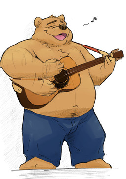 acoustic_guitar anthro black_nose bottomwear clothing eyes_closed guitar humanoid_hands kemono male musical_instrument musical_note musical_symbol open_mouth overweight overweight_male pants plucked_string_instrument solo string_instrument symbol 0ottotto0 bear mammal 2024 full-length_portrait hi_res portrait