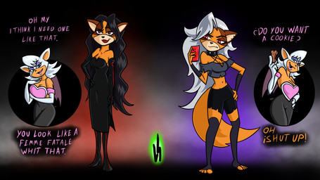 anthro armwear bat_wings black_background black_bodysuit black_bottomwear black_clothing black_dress black_footwear black_gloves black_hair black_handwear black_nose black_shoes black_shorts black_skinsuit blue_eyes bodysuit boots bottomwear breasts brown_body brown_fur cleavage clothed clothing collar cosplay crossover_cosplay dialogue dress duo ear_piercing elbow_gloves electronics eyelashes eyeshadow female footwear front_view fur gloves grey_clothing grey_hair grey_legwear grey_topwear hair hand_on_hip handwear high_heeled_boots high_heels holding_object holding_phone legwear lipstick long_hair makeup membrane_(anatomy) membranous_wings orange_body orange_fur phone piercing purple_eyeshadow purple_wings red_eyes red_lipstick shoes shorts simple_background skinsuit smile studded_collar studs tail text thigh_highs tight_clothing topwear white_body white_clothing white_fur white_gloves white_handwear wings lordsarloc fullmetal_alchemist hellaverse helluva_boss sega sonic_boom sonic_the_hedgehog_(series) loona_(helluva_boss) rouge_the_bat sticks_the_jungle_badger badger bat mammal mustelid musteline 16:9 crossover english_text hi_res widescreen