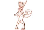 2018 anthro biped breasts digital_drawing_(artwork) digital_media_(artwork) digitigrade dragon female genitals horn monochrome mythological_creature mythological_scalie mythology navel nipples non-mammal_breasts nude pussy scalie simple_background smile solo standing tail watdurgon watsup white_background wide_hips