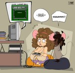 accessory age_difference anthro barefoot bean_bag big_breasts bottomwear breasts brown_body brown_fur brown_hair buckteeth celebration cleavage clothed clothing controller crossed_legs electronics emanata eyebrow_through_hair eyebrows eyelashes feet female fur game_console game_controller hair hair_accessory hairband huge_breasts nes_console nes_controller nintendo_controller older_female open_mouth pants picture_frame purple_bottomwear purple_clothing purple_pants shocked short_stack tan_body tan_fur teeth television translucent translucent_hair triforce young young_anthro young_female younger_female joaoppereiraus gwen_geek nintendo nintendo_entertainment_system the_legend_of_zelda emma_martin gwen_martin mammal mouse murid murine rodent 2023 hi_res daughter_(lore) mother_(lore) mother_and_child_(lore) mother_and_daughter_(lore) parent_(lore) parent_and_child_(lore) parent_and_daughter_(lore)