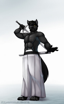 abs anthro asian_clothing athletic barefoot belt biceps biped black_body black_fur black_hair black_nose bottomwear claws clothed clothing dark east_asian_clothing eye_patch eyewear feet fur hair japanese_clothing katana looking_at_viewer male melee_weapon muscular muscular_anthro nipples oversized_bottomwear oversized_clothing oversized_pants pants pecs pose scar solo standing sword text toe_claws topless weapon yellow_eyes lavenderpandy theblackrook bleach_(series) darkwolf_(darkwolfdemon) canid canine canis demon mammal wolf 2014 digital_media_(artwork) hi_res url
