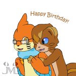 birthday blue_eyes brown_body brown_fur duo eyewear fur glasses hug hugging_another hugging_from_behind interspecies male orange_body orange_eyes orange_fur semi-anthro jonatanm fakemon nintendo pokemon dylan_the_buizel fan_character luxro buizel generation_4_pokemon lewxen mammal marine pokemon_(species) 1:1