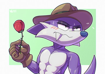 anthro big_fangs blush blush_lines bodily_fluids clothing fangs flower gloves handwear hat headgear headwear looking_away male plant purple_body rose_(flower) solo sweat teeth rodricoro sega sonic_the_hedgehog_(series) fang_the_hunter absurd_res hi_res