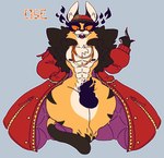 abs anthro clothed clothing fire fur hat headgear headwear long_coat male markings nipples pecs skimpy solo spots spotted_body spotted_fur thick_thighs wide_hips eckodraws kings_of_hell ose_(kings_of_hell) demon felid leopard mammal pantherine hi_res