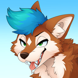 ambiguous_form black_eyebrows blue_background blue_hair bodily_fluids brown_body brown_fur brown_nose cheek_tuft drooling eyebrows facial_tuft fangs fluffy fur green_eyes hair inner_ear_fluff male open_mouth pink_tongue saliva short_hair simple_background snout solo tan_body tan_fur teeth tongue tongue_out tuft feve canid canine canis mammal wolf 1:1 colored digital_drawing_(artwork) digital_media_(artwork) hi_res shaded