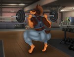 4_toes 5_fingers amber_eyes anthro athletic athletic_anthro athletic_female back_muscles barbell bottomwear bra brown_body brown_fur butt clothing cropped_ears crouching docked_tail exercise feet female fingers fur gym hair mohawk multicolored_body multicolored_fur multicolored_hair muscular muscular_anthro muscular_female pants pawpads short_tail solo sport sports_bra sweatpants tail thick_thighs toes two_tone_body two_tone_fur two_tone_hair underwear weightlifting weights workout yoga_pants natttttalina nuria_bernat canid canine canis dobermann domestic_dog mammal pinscher 2023 digital_drawing_(artwork) digital_media_(artwork) hi_res