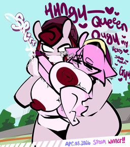 anthro barefoot big_breasts big_nipples black_eyes blush bodily_fluids breast_play breasts breath cum cum_on_hand cumshot dialogue duo ejaculation feet female genital_fluids hair handjob holding_partner male male/female nipples nude orgasm panting penile pink_body pink_hair pink_skin red_hair red_nipples sex shell_hat size_difference titfuck white_eyes thefablednekos spiral_stream_derby jerry_capshell queen_majesty gastropod mollusk snail hi_res