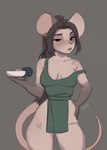 anthro apron apron_only black_hair breasts clothed clothing container cup female freckled_face freckles front_view hair hand_on_hip heterochromia medium_breasts mug off_shoulder serving_tray simple_background solo standing tail thick_thighs wide_hips giesenn mouse_meish_(giesenn) mammal mouse murid murine rodent hi_res