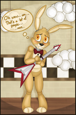 ambiguous_gender anthro border bow_(feature) bow_tie electric_guitar guitar machine musical_instrument plucked_string_instrument solo stage string_instrument yellow_border toasterdraws_(artist) five_nights_at_freddy's five_nights_at_freddy's_3 scottgames spring_bonnie_(fnaf) animatronic lagomorph leporid mammal rabbit robot hi_res smaller_version_at_source