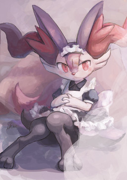 3_fingers 3_toes ambiguous_anthro ambiguous_gender anthro apron big_tail biped black_body black_clothing black_dress black_fur bottomless bottomless_ambiguous bottomless_anthro cheek_tuft clothed clothing digitigrade dipstick_tail dress facial_tuft feet fingers flat_chested frilly frilly_clothing frilly_dress front_view fur hip_tuft inner_ear_fluff lounging maid_headdress maid_uniform markings mouth_closed multicolored_body multicolored_fur purple_body purple_fur purple_tail red_body red_eyes red_fur red_inner_ear_fluff red_nose red_tail_tip simple_background sitting solo tail tail_markings toes tuft two_tone_tail uniform white_apron white_body white_clothing white_fur ikei nintendo pokemon braixen canid generation_6_pokemon mammal pokemon_(species) shiny_pokemon 2021 digital_media_(artwork) digital_painting_(artwork) english_description full-length_portrait hi_res japanese_description painting_(artwork) portrait shaded signature