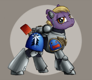 armor cosplay crossover_cosplay cybernetics female feral hair hair_bun half-closed_eyes looking_at_viewer machine narrowed_eyes power_armor purple_body quadruped scar simple_background smile solo badday_(artist) hasbro my_little_pony warhammer_(franchise) warhammer_40000 earth_pony equid equine horse mammal pony crossover hi_res