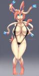 2016 absurd_res anthro anthrofied big_breasts bikini breasts cladz clothing collaboration cute_fangs eeveelution fan_character female generation_6_pokemon hi_res huge_breasts hyper hyper_breasts looking_up nintendo nipple_outline one-piece_swimsuit open_mouth pokemon pokemon_(species) pokemorph sling_bikini solo standing swimwear sylveon sylvi_(blitza) two-piece_swimsuit wide_hips xaenyth