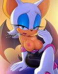 anthro areola big_breasts black_nose bodily_fluids breasts clothing dialogue eyelashes eyeshadow fanning fanning_self female half-closed_eyes looking_at_viewer makeup narrowed_eyes nipples open_mouth pink_areola pink_nipples simple_background solo sweat sweaty_breasts sweaty_face text wings loodncrood sega sonic_the_hedgehog_(series) rouge_the_bat bat mammal 2022 digital_media_(artwork) english_text hi_res